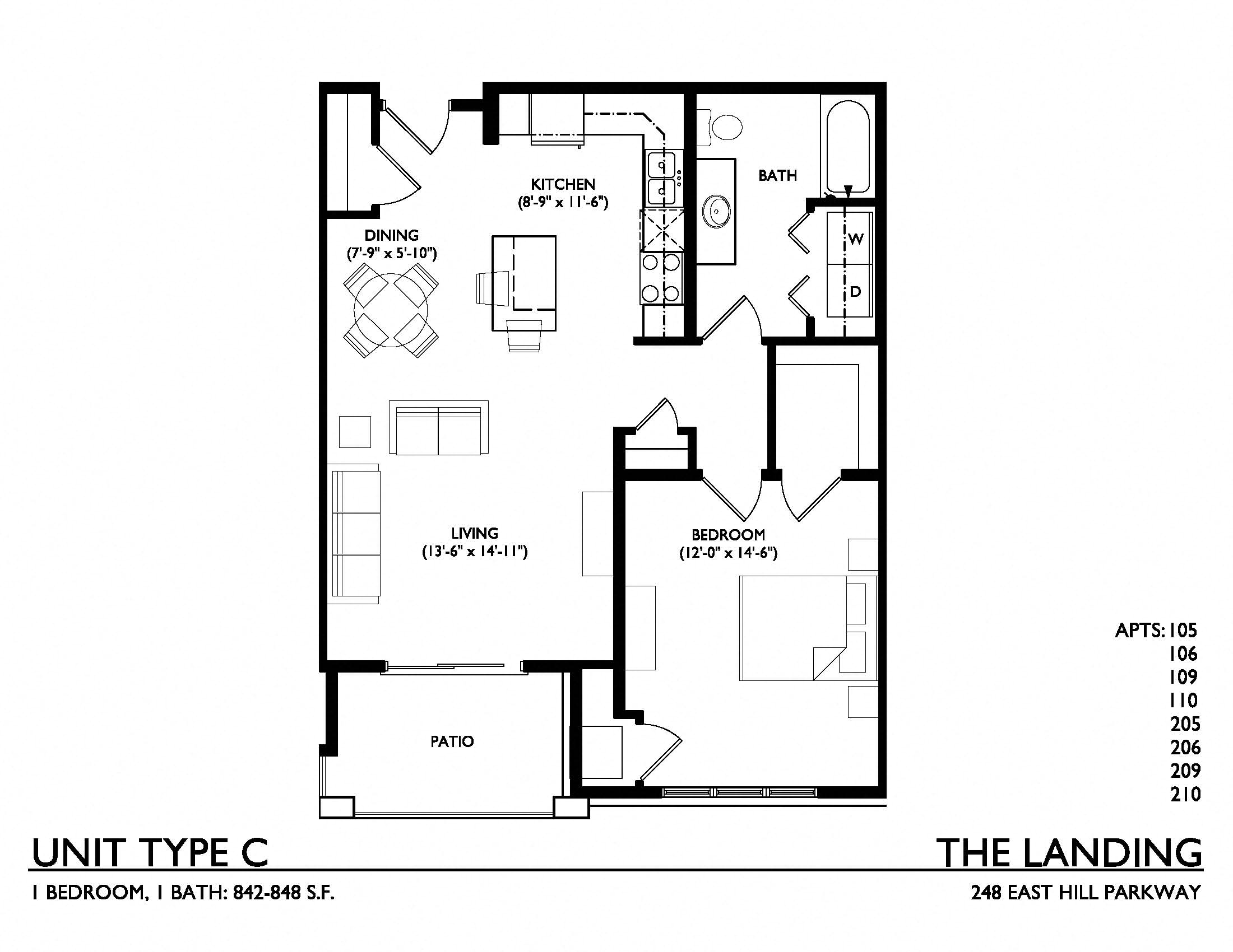 Floor plan for 1 bed, 1 bath, 848 sqft